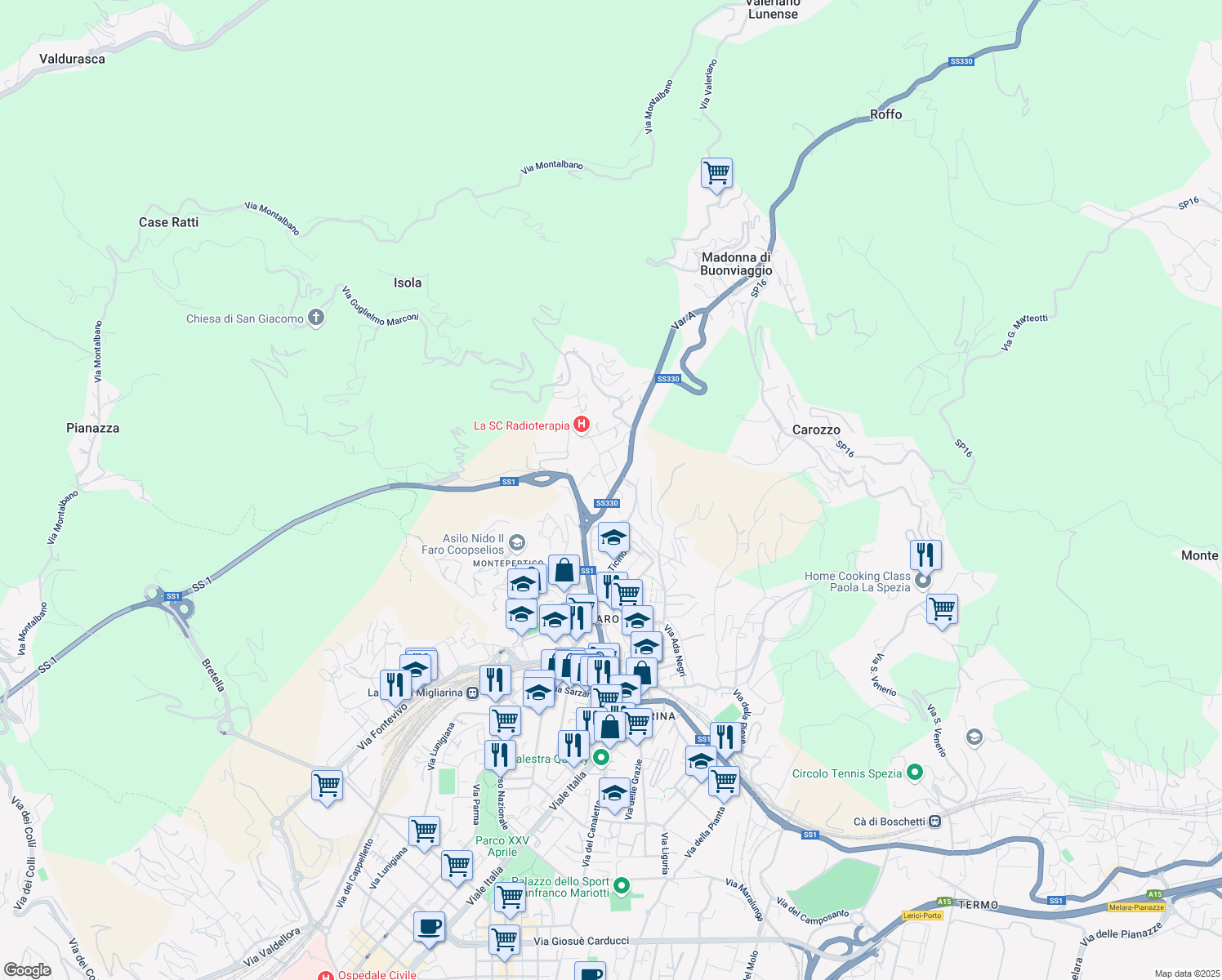 map of restaurants, bars, coffee shops, grocery stores, and more near Via Teseo Tesei in La Spezia