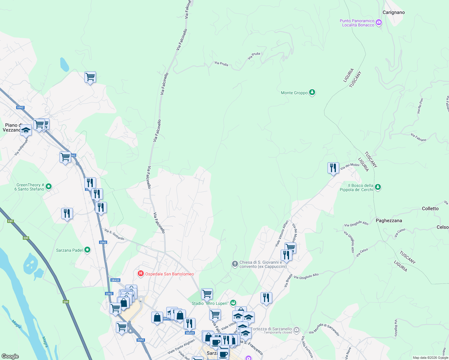 map of restaurants, bars, coffee shops, grocery stores, and more near in Province of La Spezia