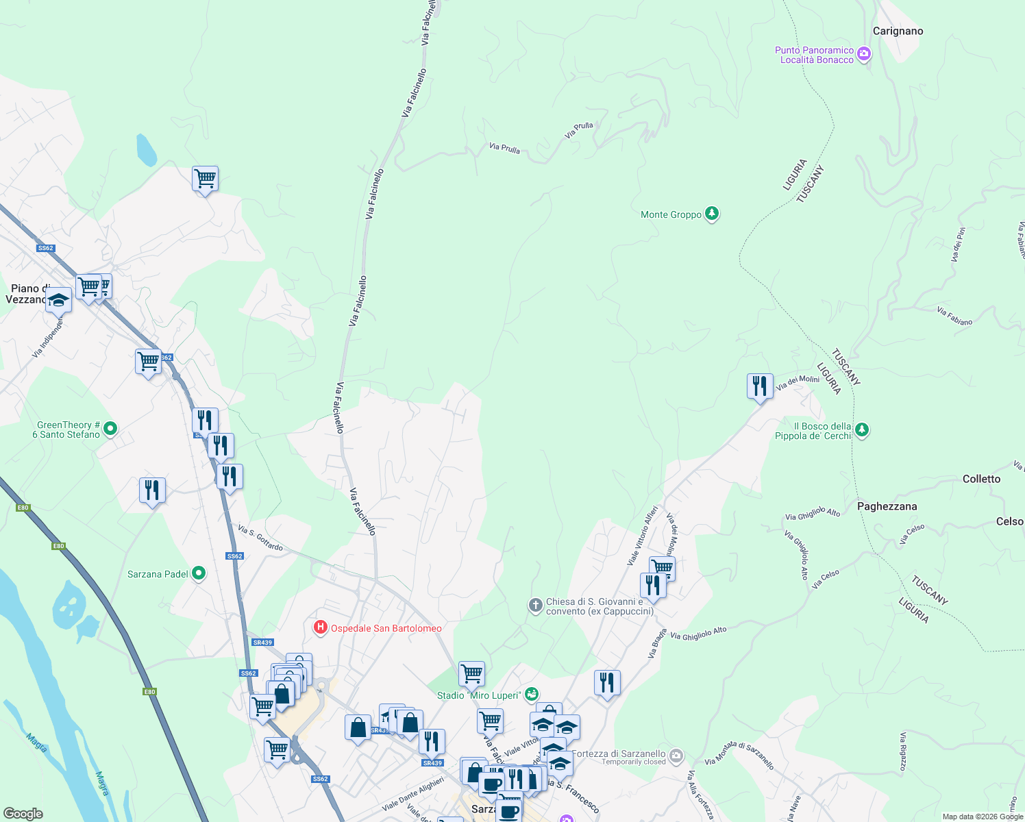 map of restaurants, bars, coffee shops, grocery stores, and more near in Province of La Spezia
