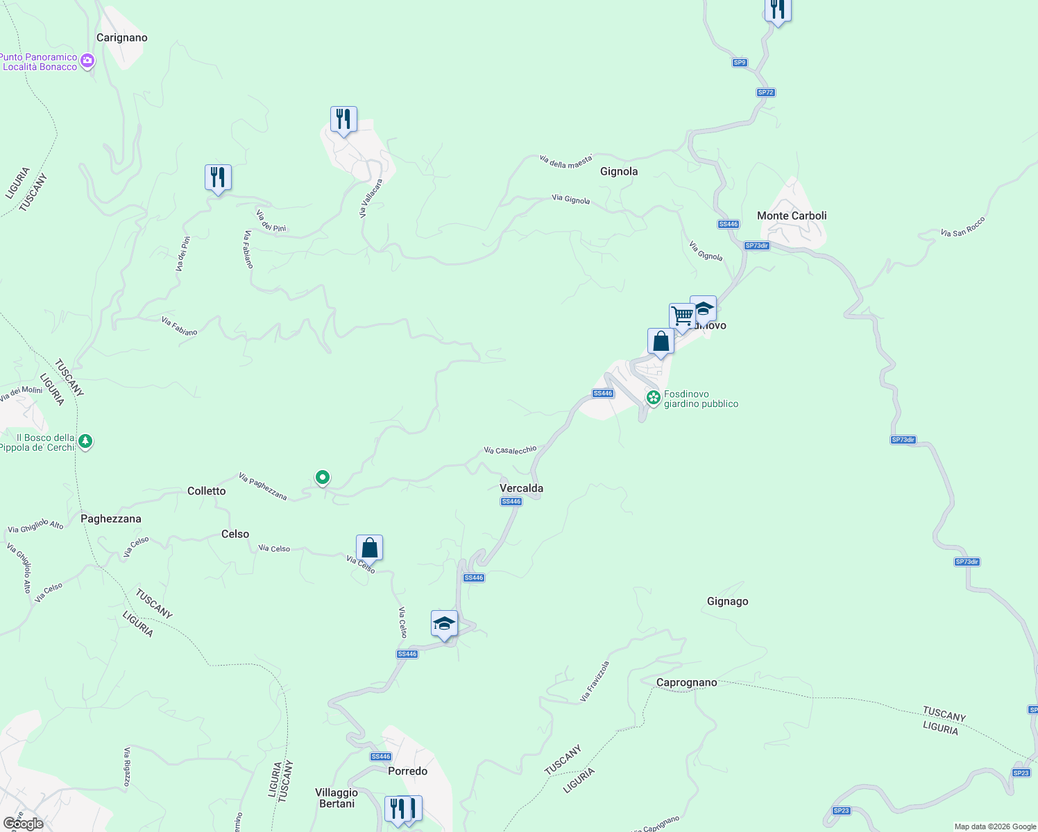 map of restaurants, bars, coffee shops, grocery stores, and more near 3 Via Casalecchio in Provincia di Massa e Carrara
