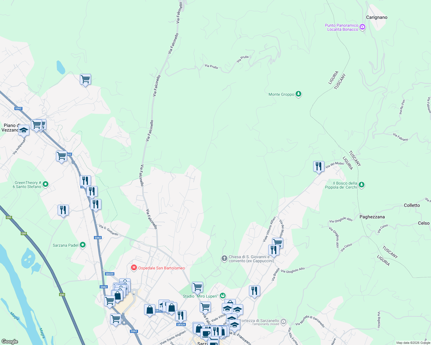 map of restaurants, bars, coffee shops, grocery stores, and more near in Province of La Spezia