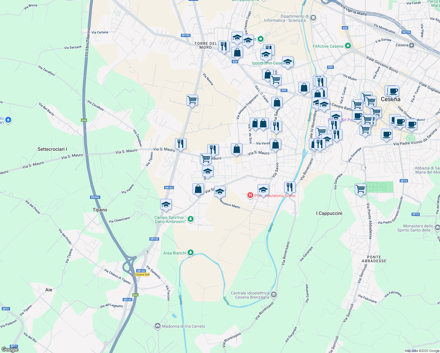 map of restaurants, bars, coffee shops, grocery stores, and more near 210 Via Certaldo in Cesena