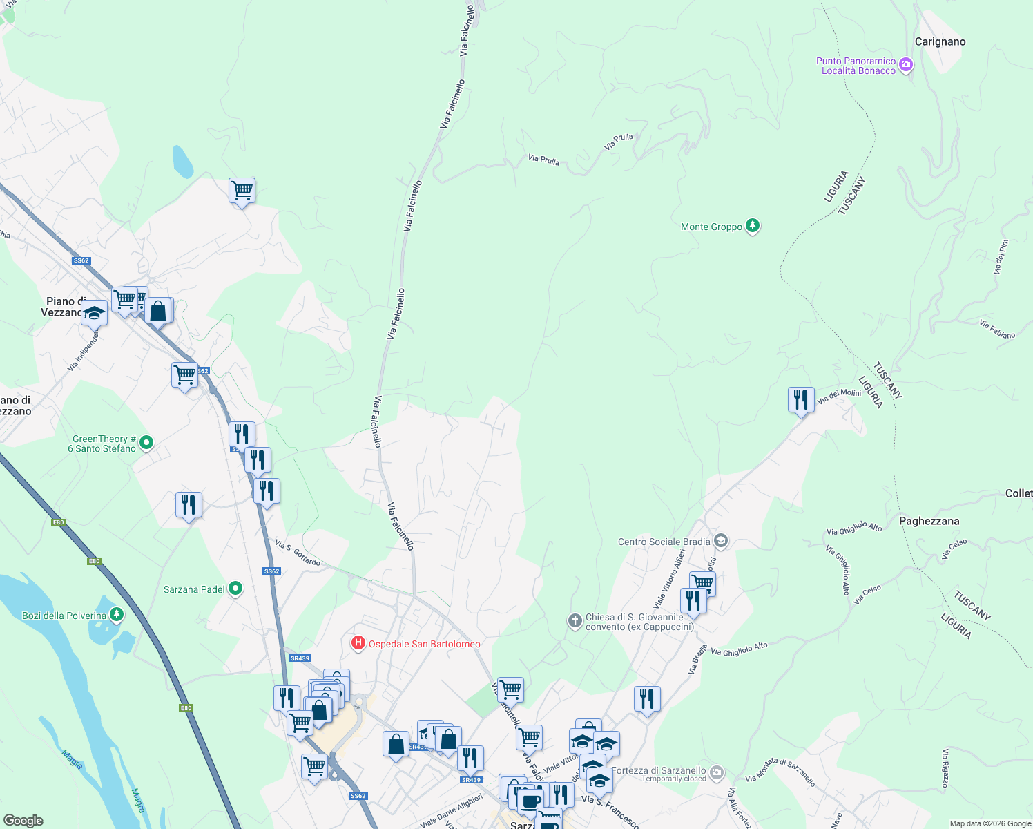 map of restaurants, bars, coffee shops, grocery stores, and more near 90 Via Turì in Provincia della Spezia