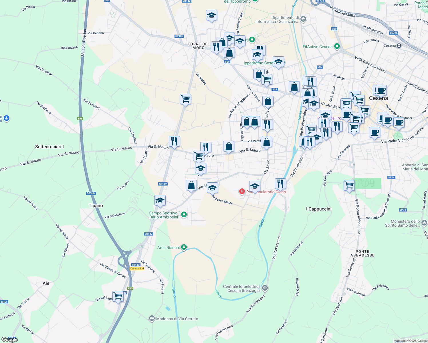 map of restaurants, bars, coffee shops, grocery stores, and more near 210 Via Certaldo in Cesena