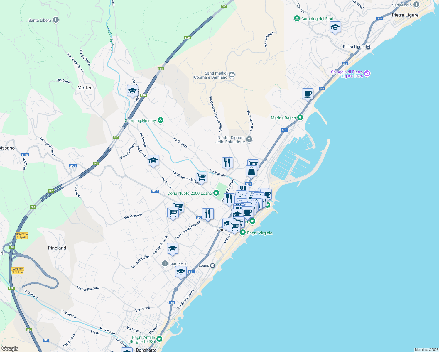 map of restaurants, bars, coffee shops, grocery stores, and more near Via Pollupice in Loano