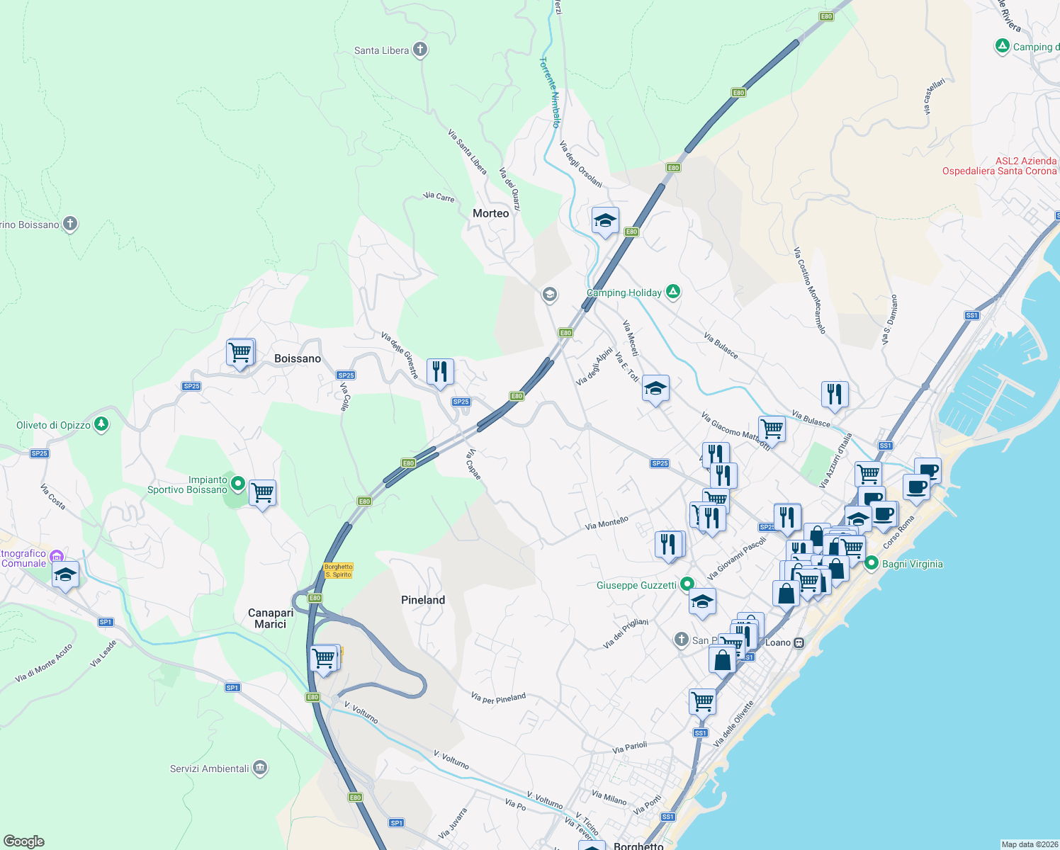 map of restaurants, bars, coffee shops, grocery stores, and more near 12 Via Fornaci in Boissano
