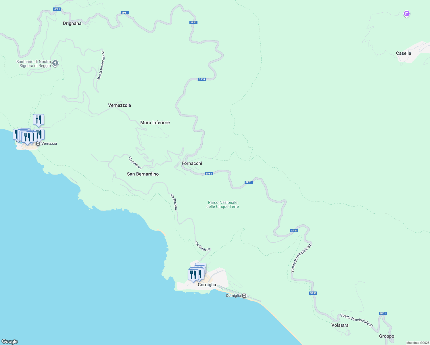 map of restaurants, bars, coffee shops, grocery stores, and more near Strada Provinciale 51 in Provincia della Spezia
