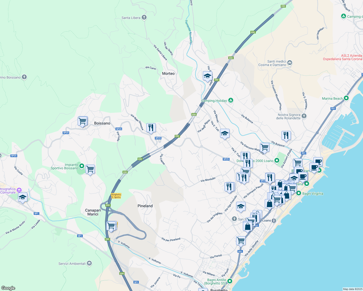 map of restaurants, bars, coffee shops, grocery stores, and more near 12 Via Fornaci in Boissano