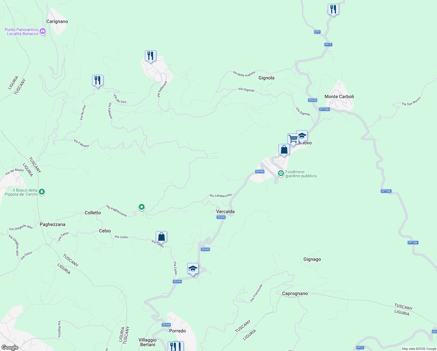 map of restaurants, bars, coffee shops, grocery stores, and more near 3 Via Casalecchio in Provincia di Massa e Carrara