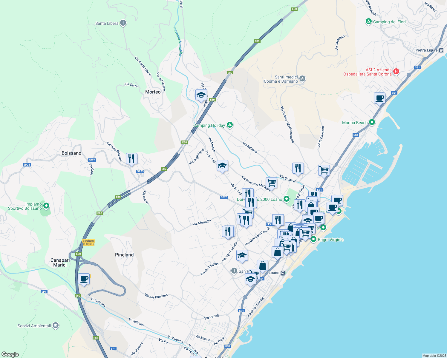 map of restaurants, bars, coffee shops, grocery stores, and more near 43 Via E. Toti in Loano