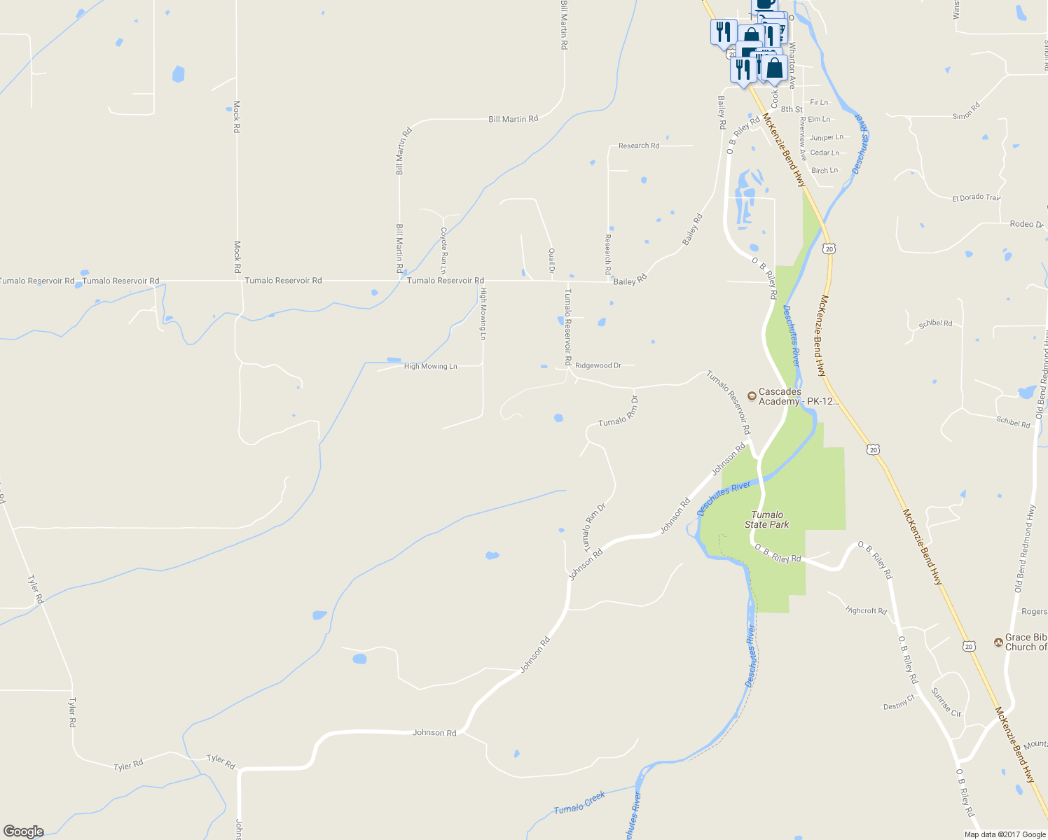 map of restaurants, bars, coffee shops, grocery stores, and more near 19599 Tumalo Reservoir Road in Bend