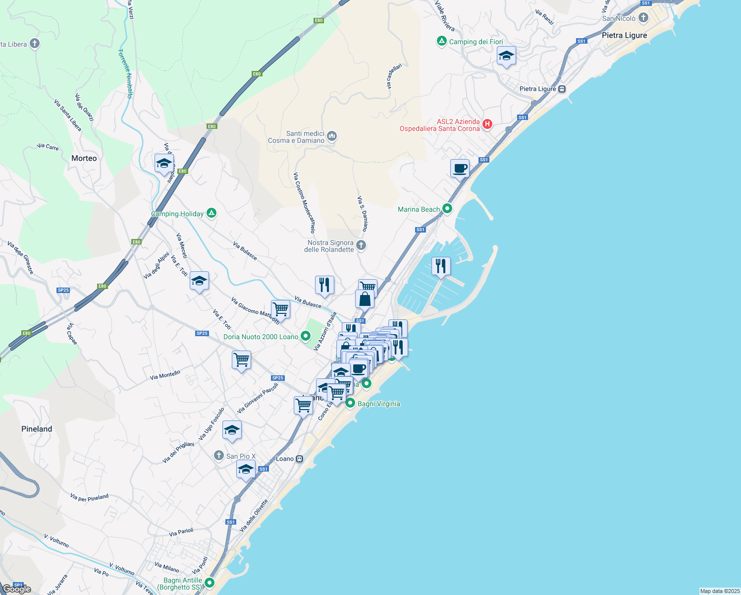 map of restaurants, bars, coffee shops, grocery stores, and more near 11 Viale Minniti Tito in Loano
