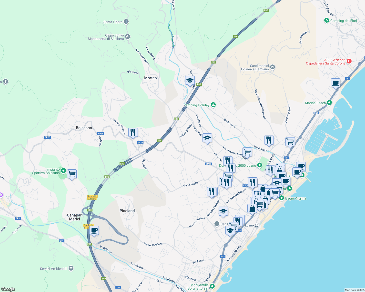 map of restaurants, bars, coffee shops, grocery stores, and more near 5 Via degli Alpini in Loano