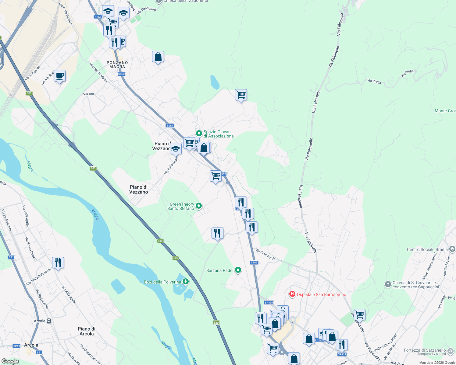 map of restaurants, bars, coffee shops, grocery stores, and more near 579 Via Cisa Sud in Santo Stefano di Magra