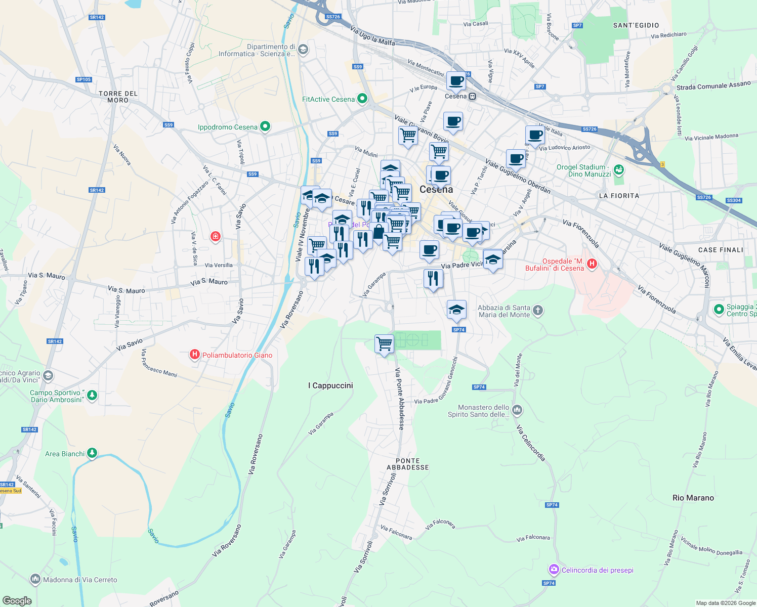 map of restaurants, bars, coffee shops, grocery stores, and more near 359 Via del Tunnel in Cesena