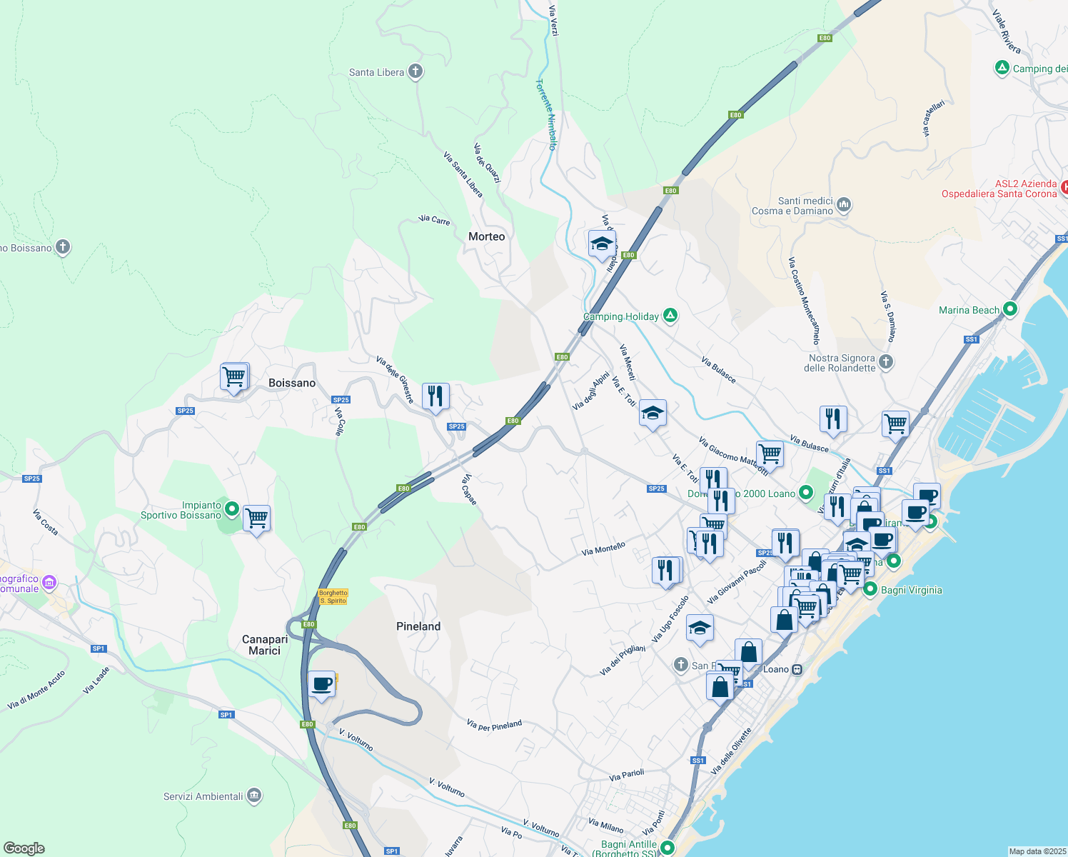 map of restaurants, bars, coffee shops, grocery stores, and more near 12 Via Fornaci in Boissano