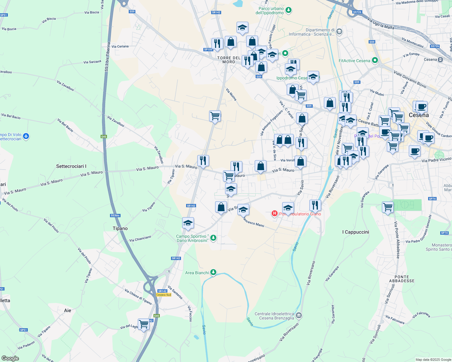map of restaurants, bars, coffee shops, grocery stores, and more near 702 Via Viareggio in Cesena