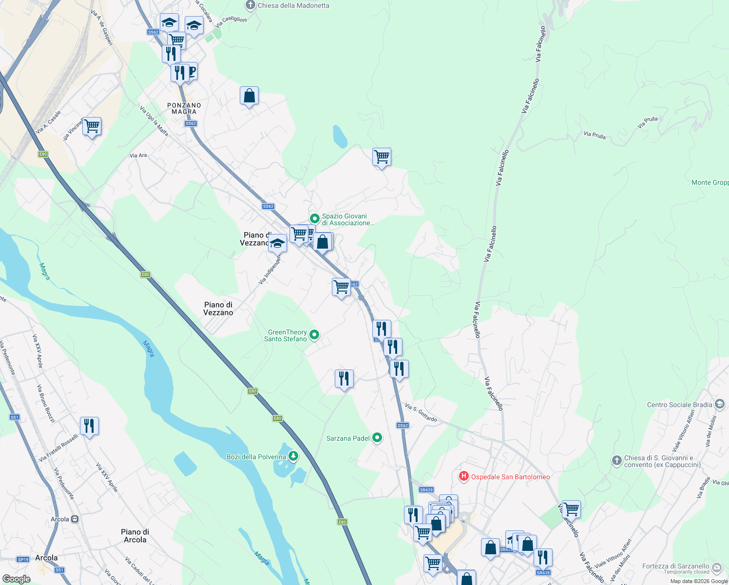 map of restaurants, bars, coffee shops, grocery stores, and more near 579 Via Cisa Sud in Santo Stefano di Magra