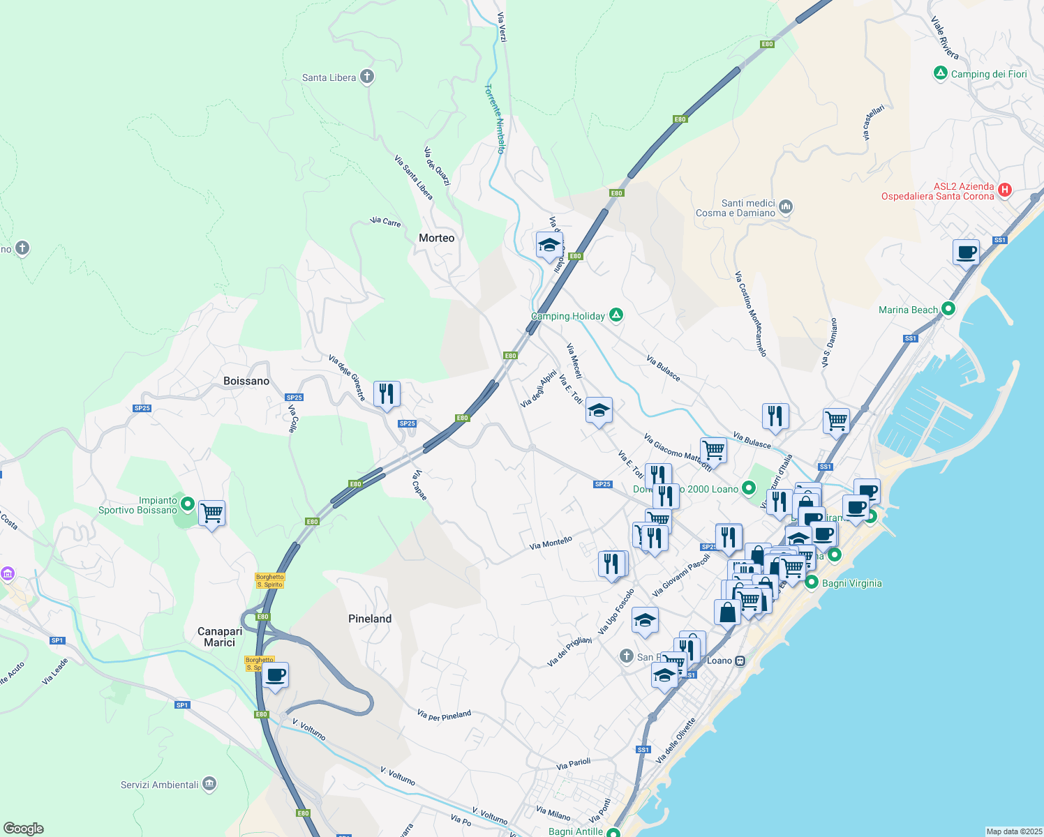 map of restaurants, bars, coffee shops, grocery stores, and more near 5 Via degli Alpini in Loano