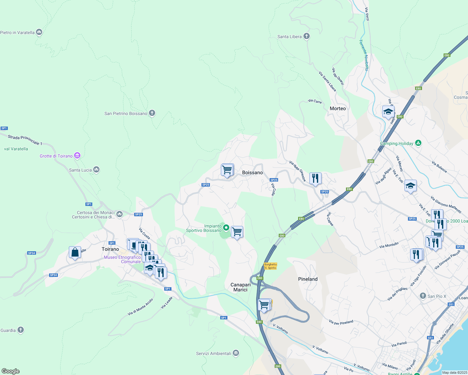 map of restaurants, bars, coffee shops, grocery stores, and more near 60 Via Baroni in Boissano