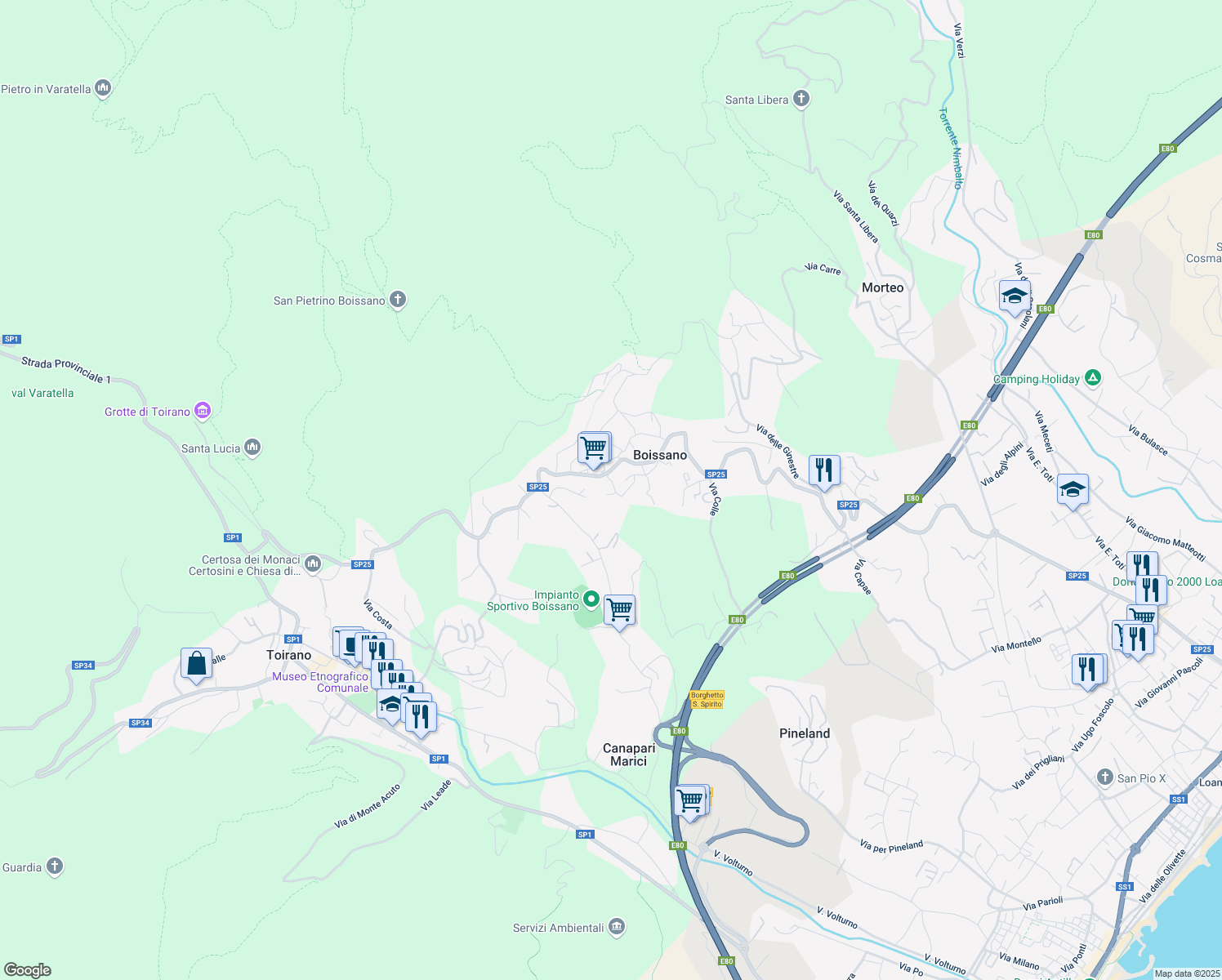 map of restaurants, bars, coffee shops, grocery stores, and more near 60 Via Baroni in Boissano
