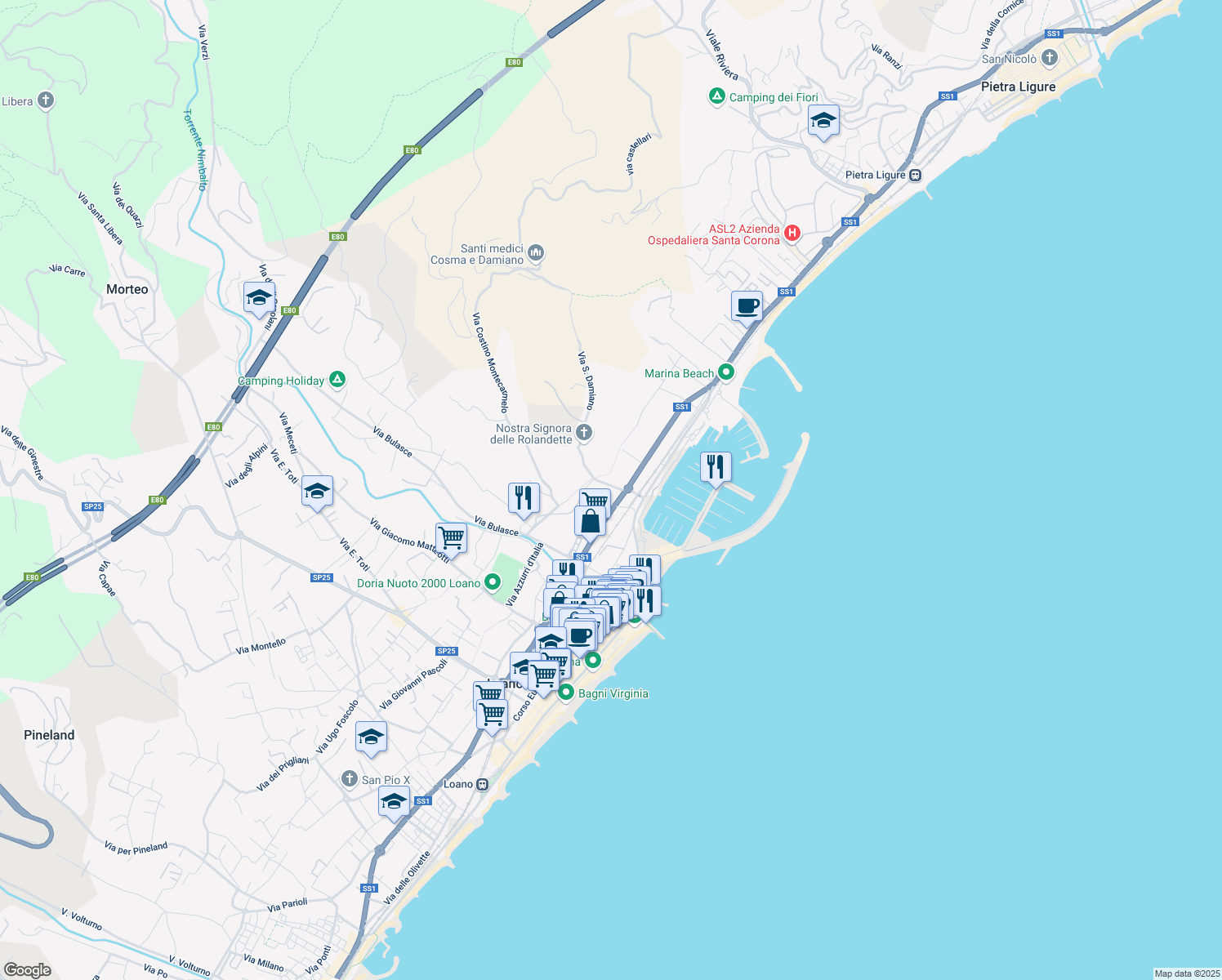 map of restaurants, bars, coffee shops, grocery stores, and more near 20 Viale Tito Minniti in Loano