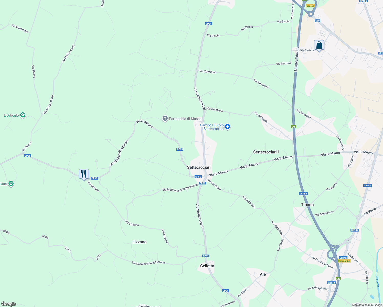 map of restaurants, bars, coffee shops, grocery stores, and more near 4050 Via San Mauro in Provincia di Forlì-Cesena