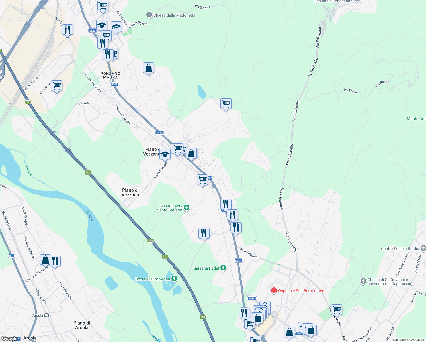 map of restaurants, bars, coffee shops, grocery stores, and more near 26 Via Giovanni Falcone in Santo Stefano di Magra