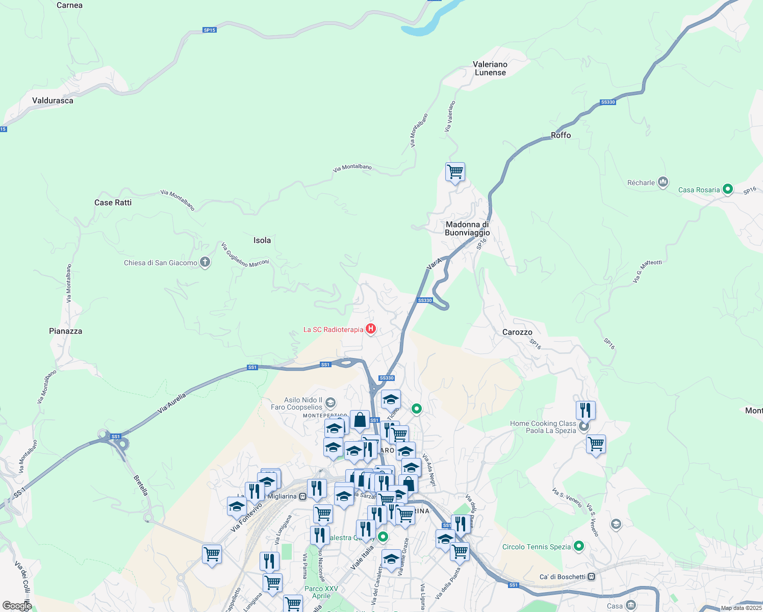map of restaurants, bars, coffee shops, grocery stores, and more near Via Guglielmo Marconi in La Spezia