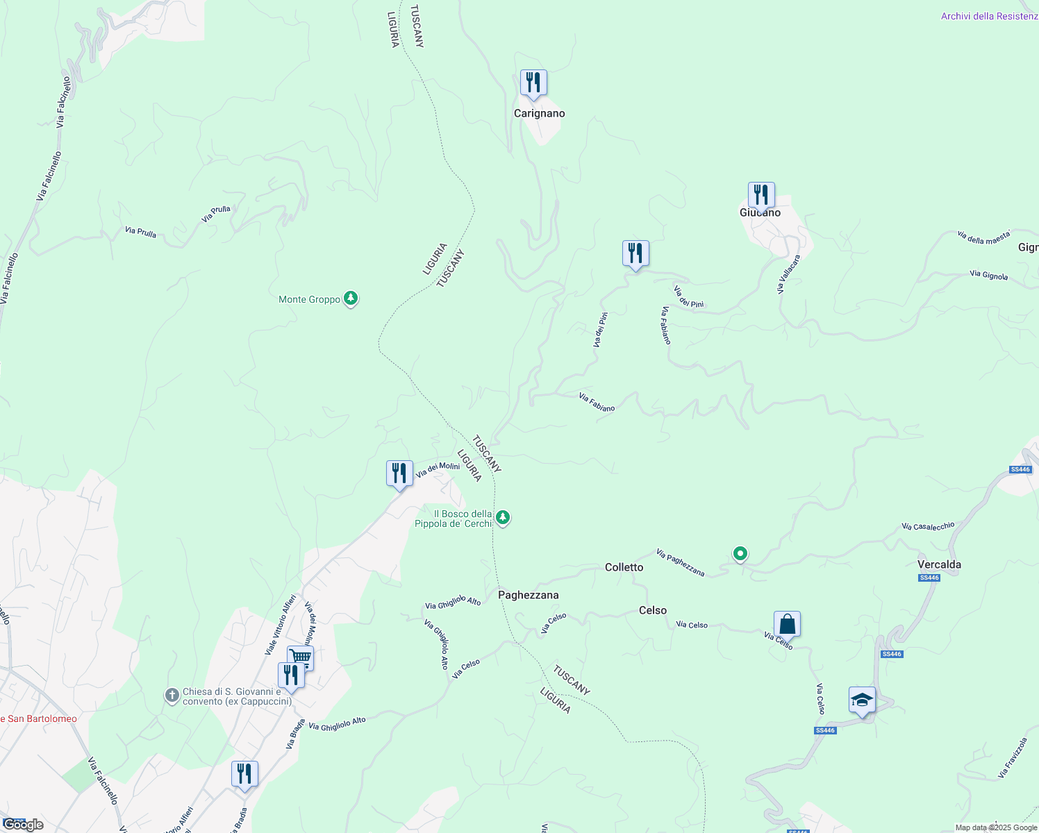 map of restaurants, bars, coffee shops, grocery stores, and more near 19 Via dei Pini in Giucano
