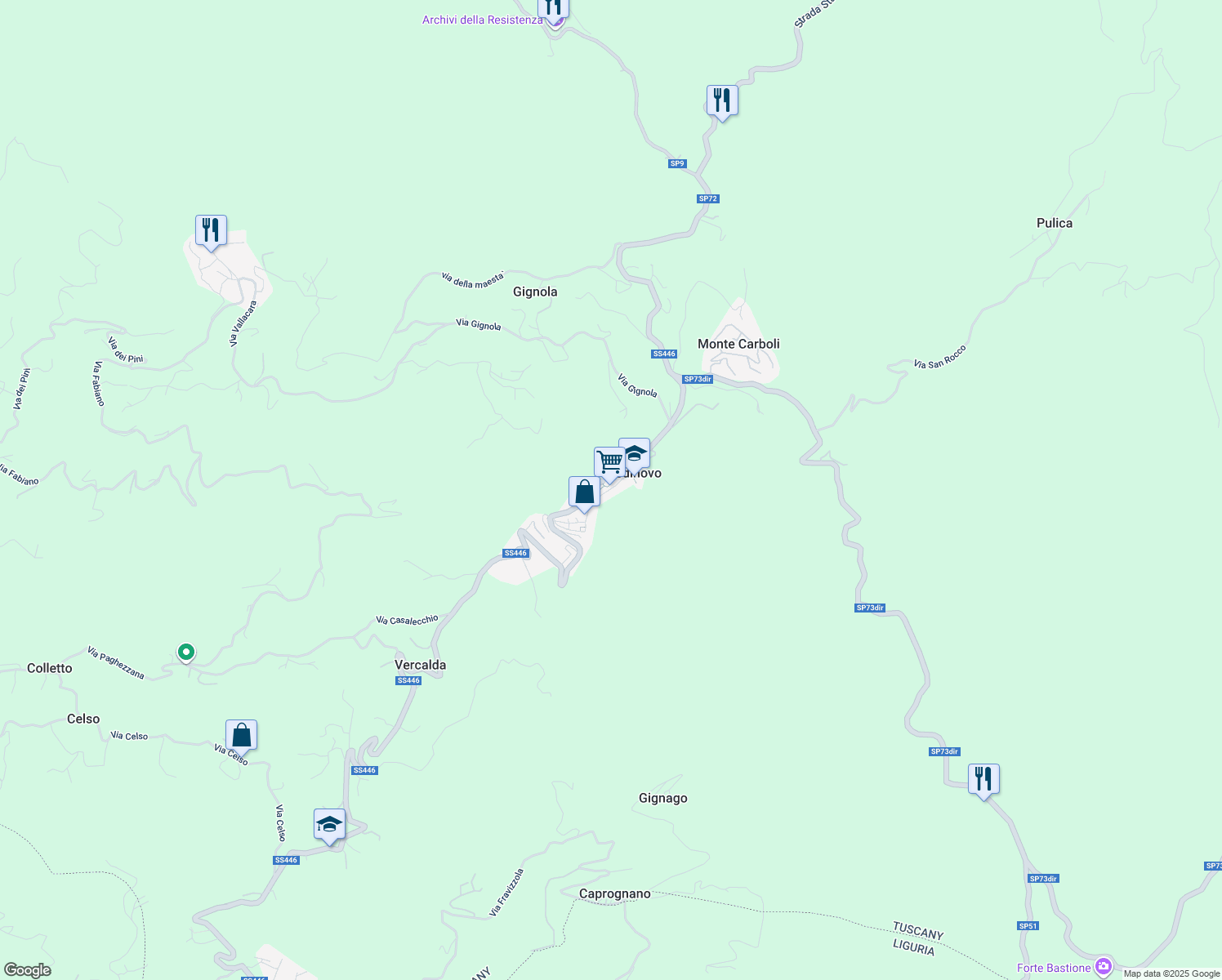 map of restaurants, bars, coffee shops, grocery stores, and more near 33 Via Papiriana in Fosdinovo