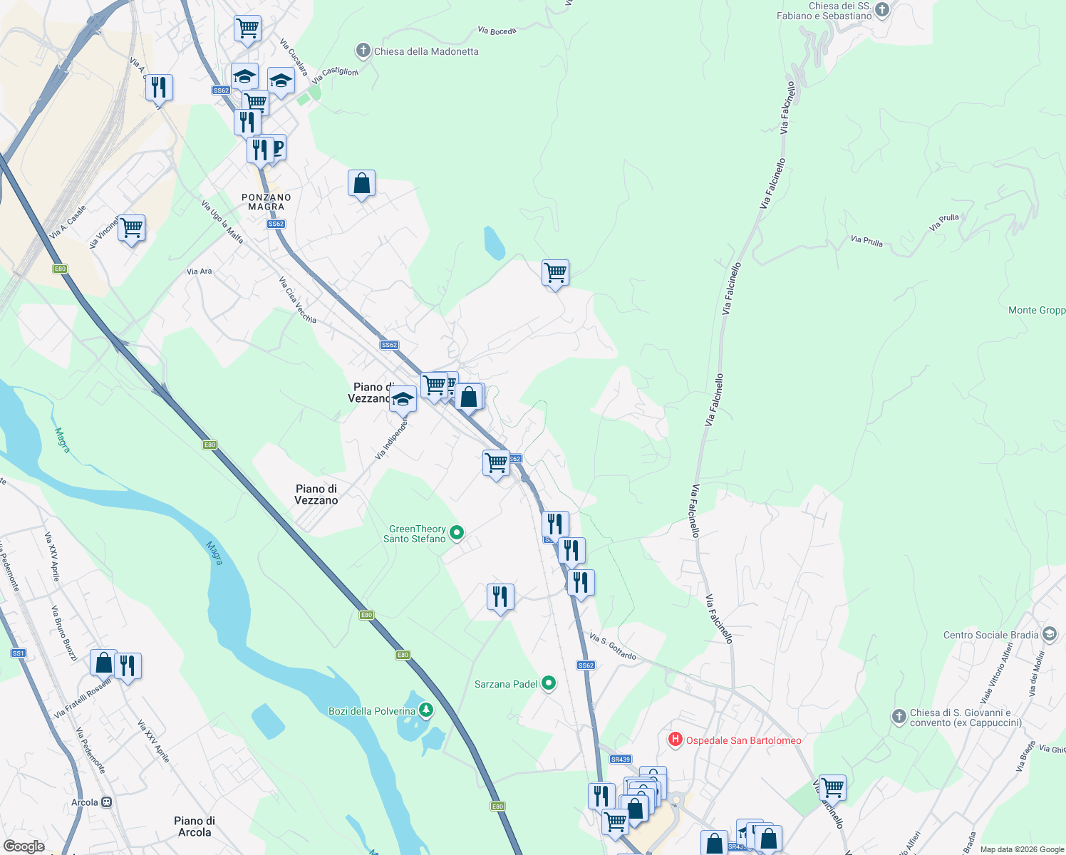 map of restaurants, bars, coffee shops, grocery stores, and more near 26 Via Giovanni Falcone in Santo Stefano di Magra