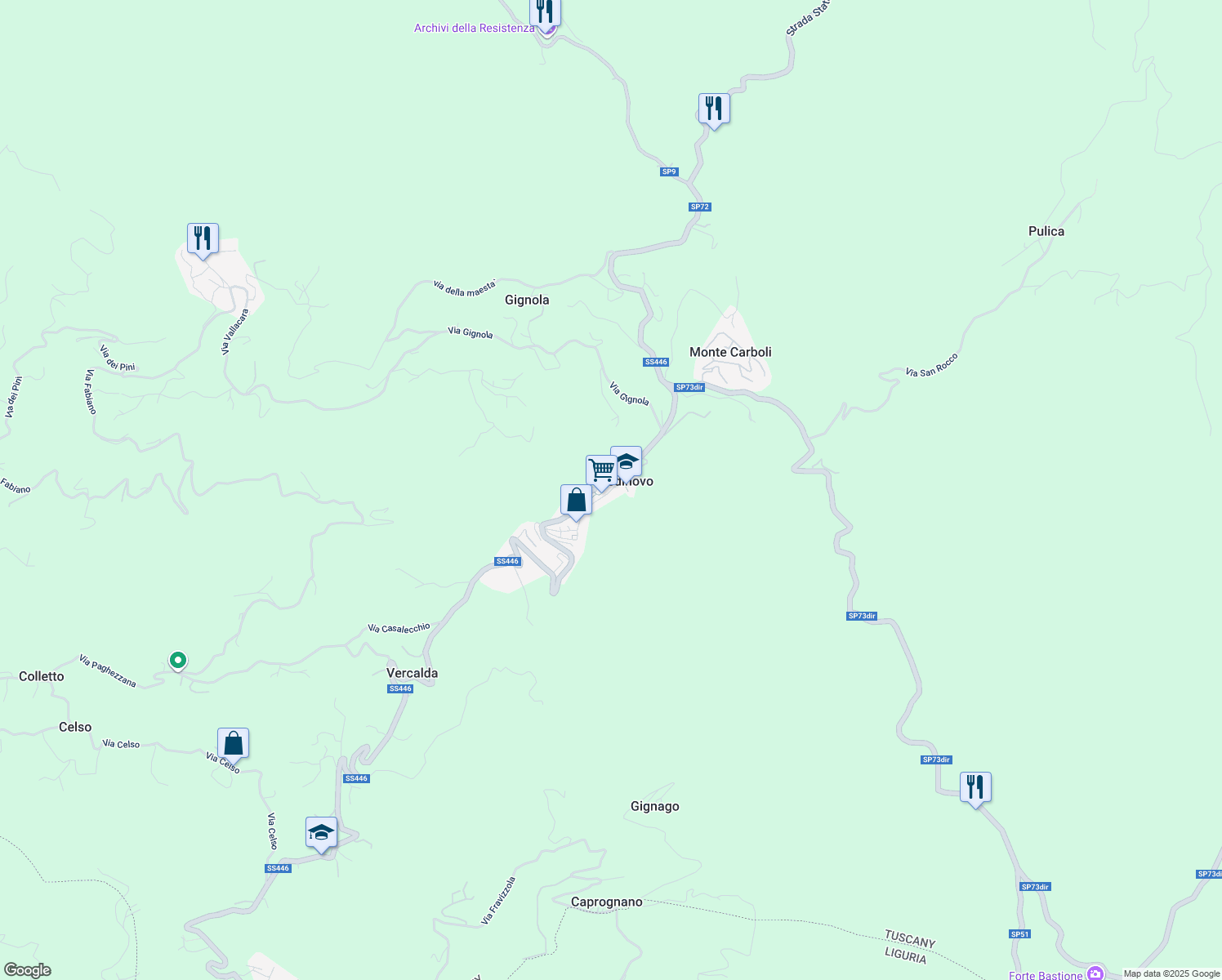 map of restaurants, bars, coffee shops, grocery stores, and more near 33 Via Papiriana in Fosdinovo