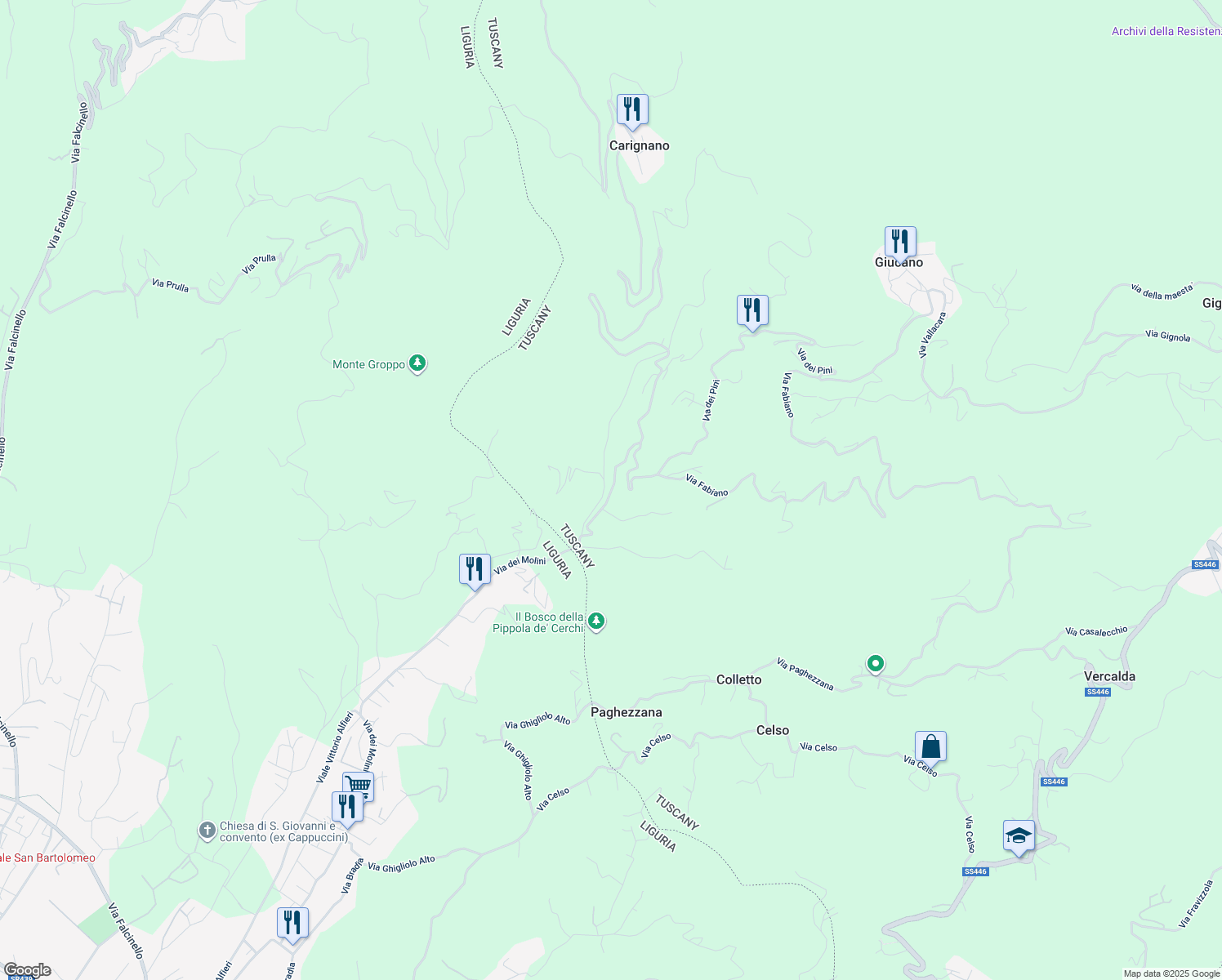 map of restaurants, bars, coffee shops, grocery stores, and more near 19 Via dei Pini in Giucano