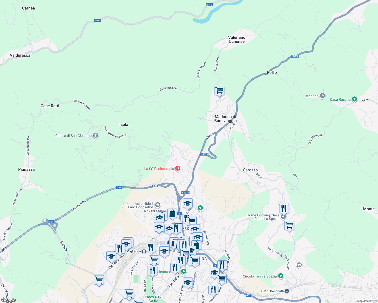 map of restaurants, bars, coffee shops, grocery stores, and more near Via Guglielmo Marconi in La Spezia