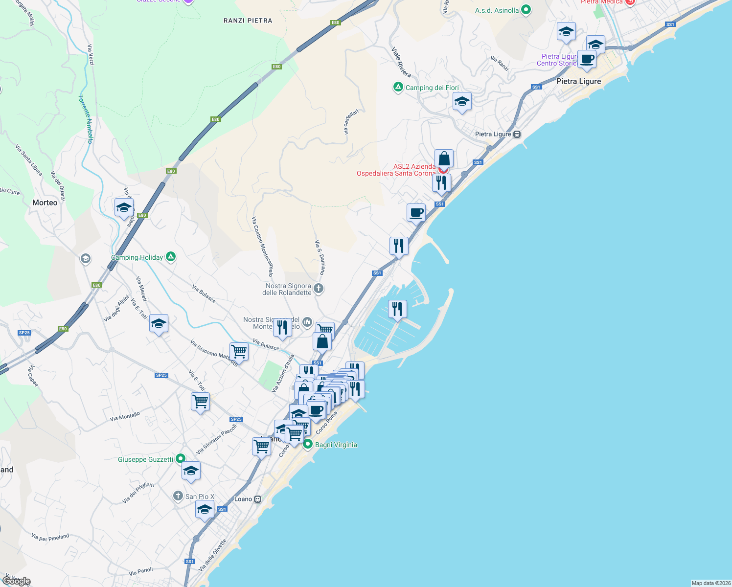 map of restaurants, bars, coffee shops, grocery stores, and more near 4 Via Aurelia in Loano