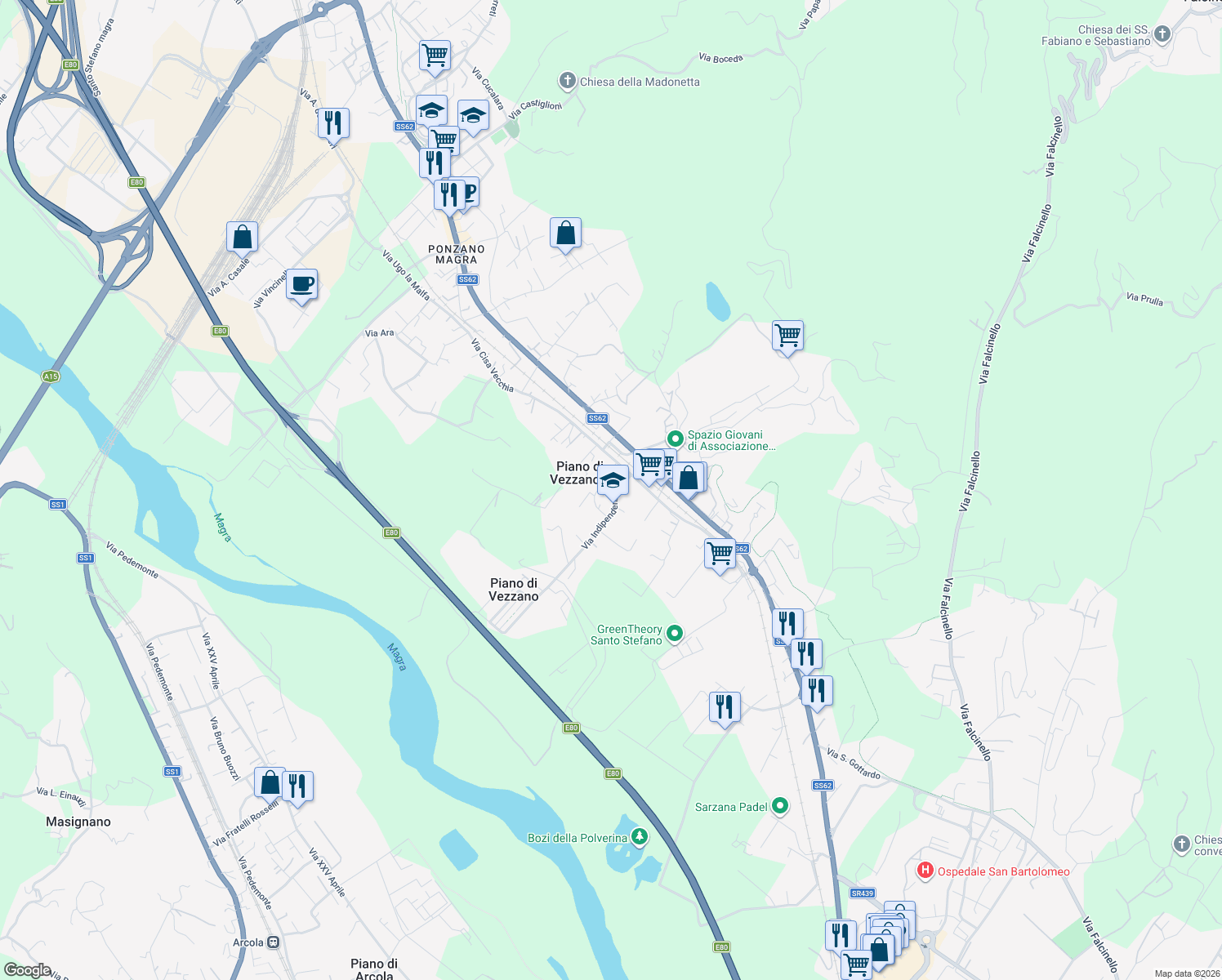 map of restaurants, bars, coffee shops, grocery stores, and more near 7 Via Indipendenza in Santo Stefano di Magra