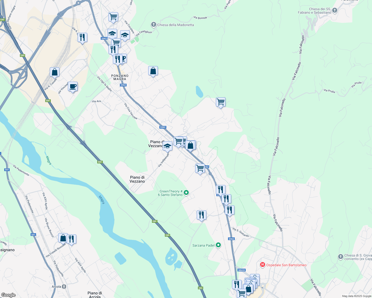 map of restaurants, bars, coffee shops, grocery stores, and more near 18 Via M. Castagnaro in Santo Stefano di Magra
