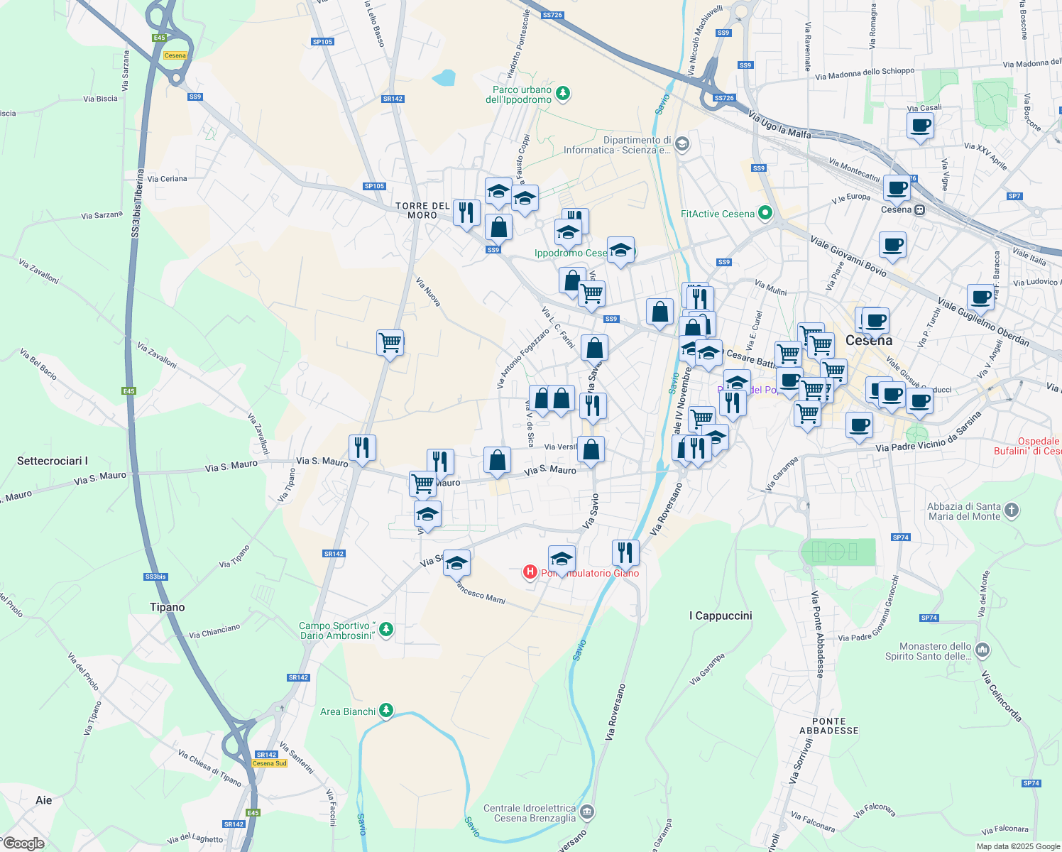 map of restaurants, bars, coffee shops, grocery stores, and more near Piazza Anna Magnani in Cesena