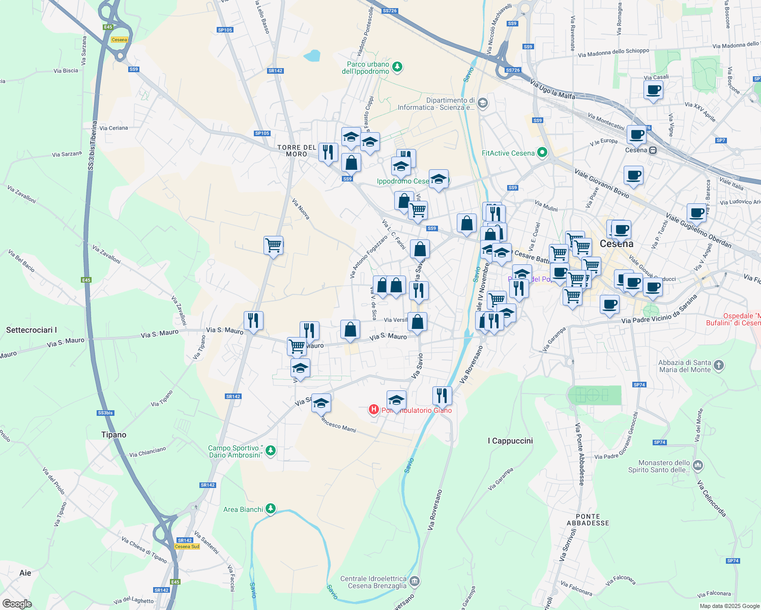 map of restaurants, bars, coffee shops, grocery stores, and more near Piazza Anna Magnani in Cesena