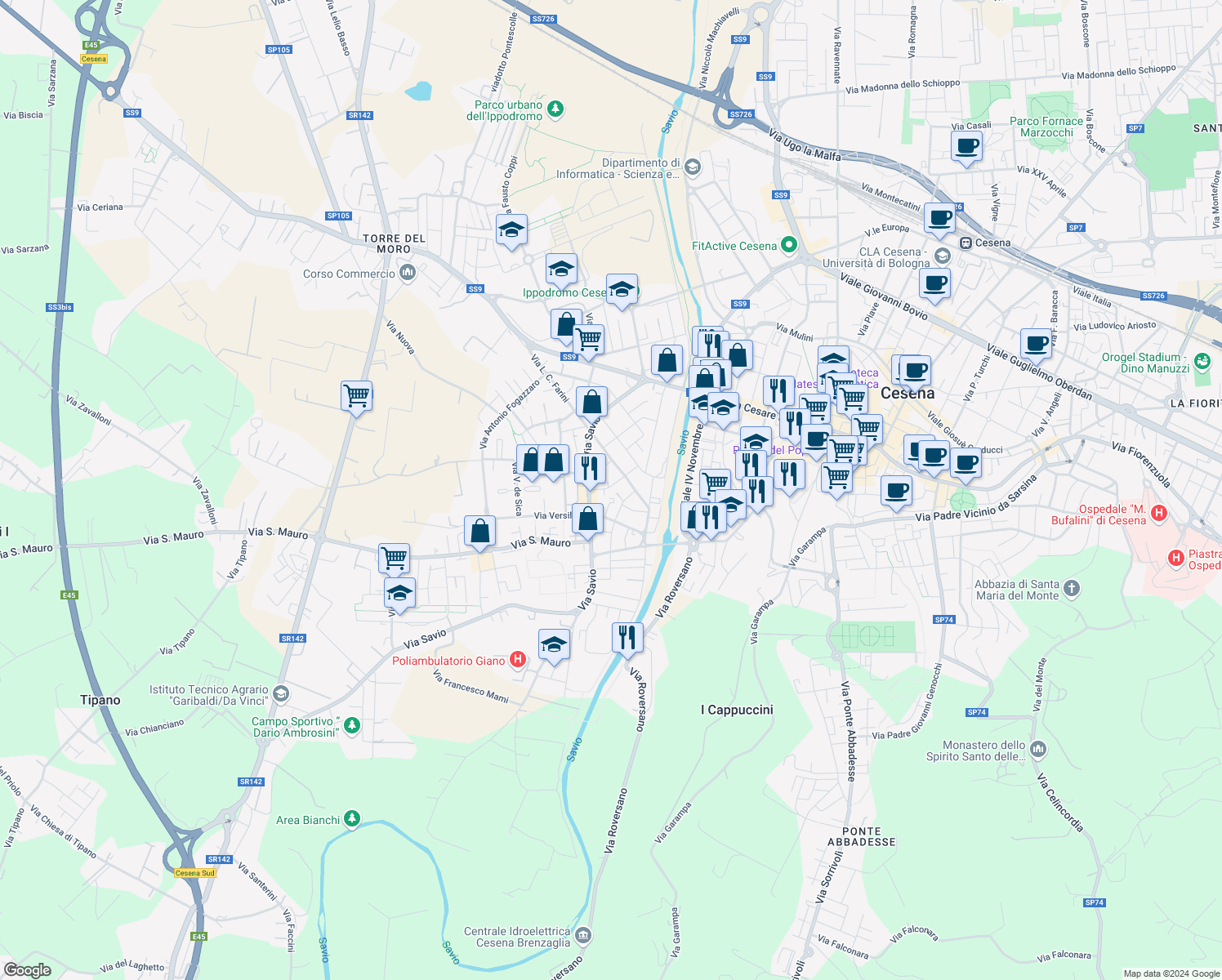 map of restaurants, bars, coffee shops, grocery stores, and more near 79 Via Euclide Manaresi in Cesena
