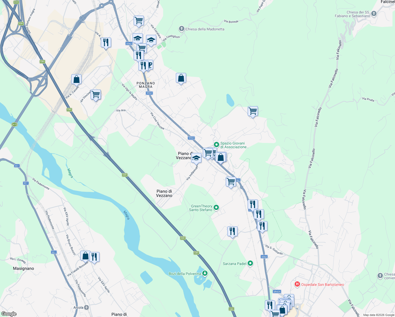 map of restaurants, bars, coffee shops, grocery stores, and more near 7 Via Indipendenza in Santo Stefano di Magra