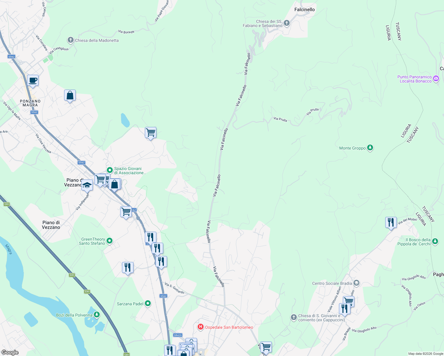map of restaurants, bars, coffee shops, grocery stores, and more near 250 Via Falcinello in Sarzana