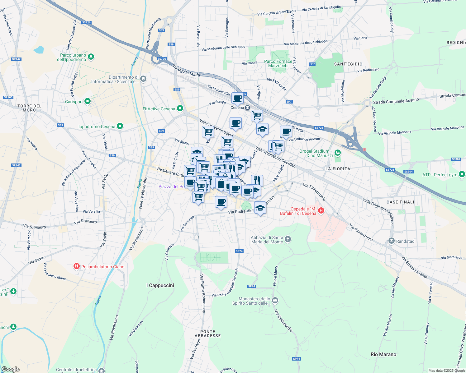 map of restaurants, bars, coffee shops, grocery stores, and more near 36 Via Braschi in Cesena