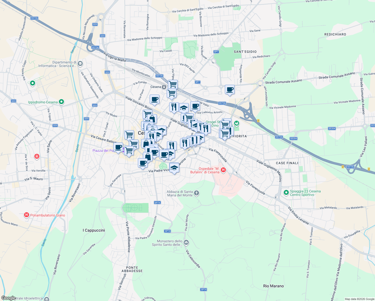 map of restaurants, bars, coffee shops, grocery stores, and more near 16 Subborgo Valzania Eugenio in Cesena