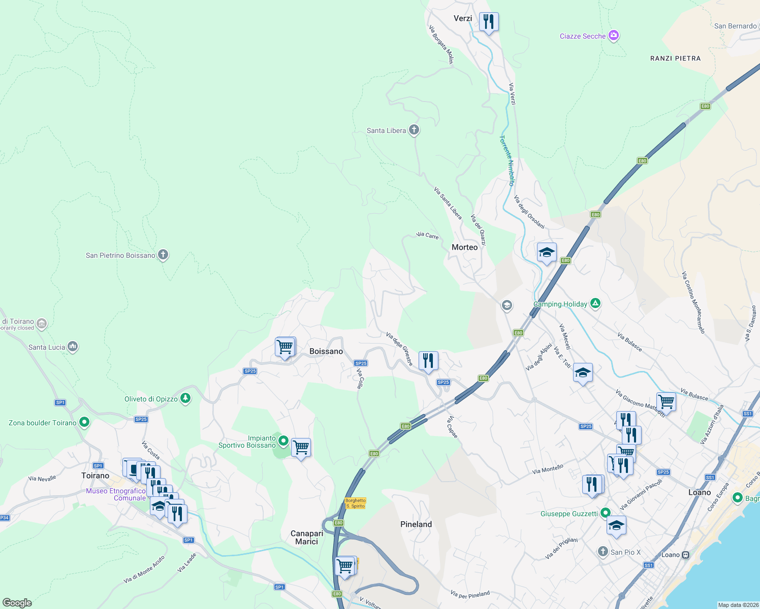 map of restaurants, bars, coffee shops, grocery stores, and more near 13 Via Coste Rosse in Boissano