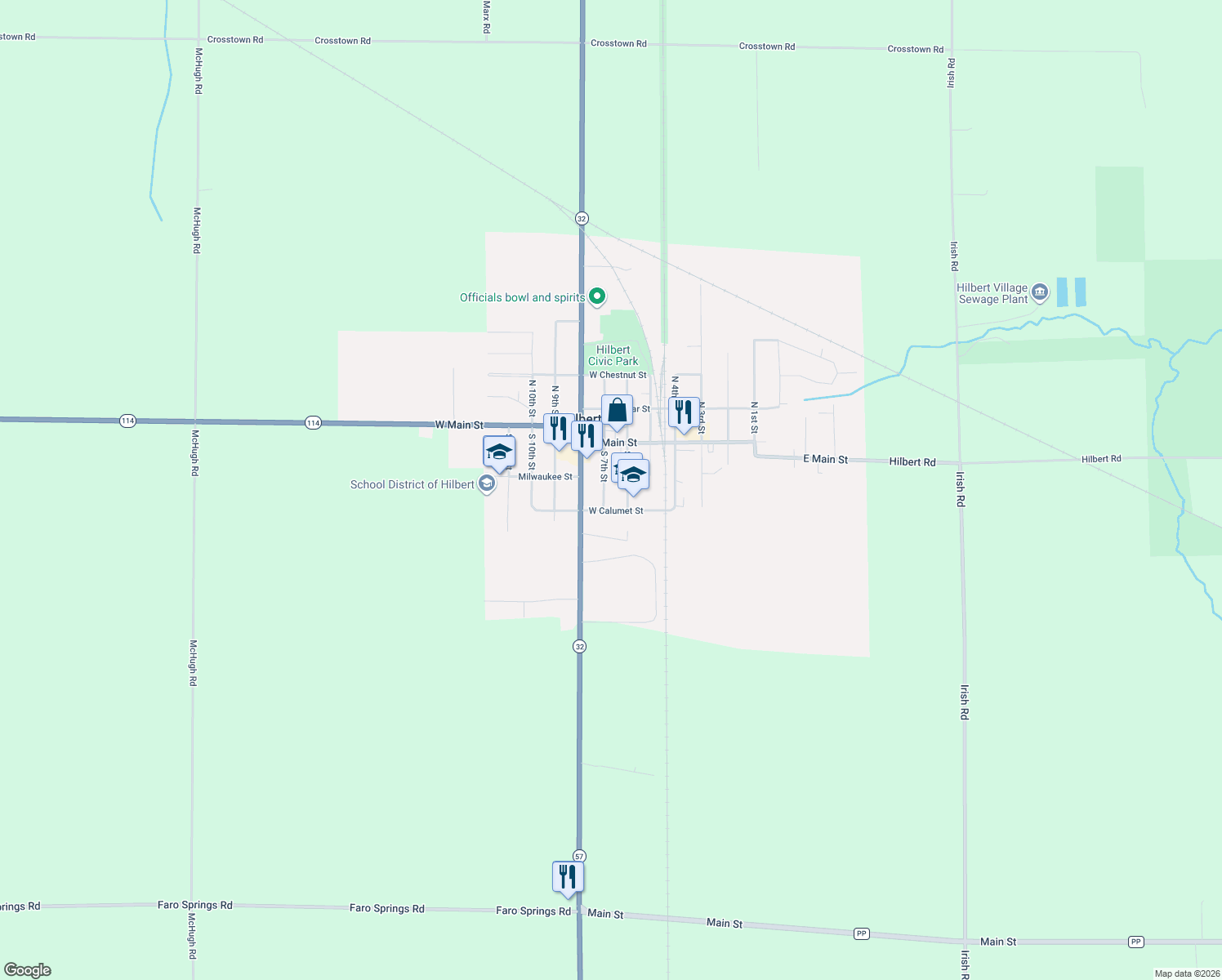 map of restaurants, bars, coffee shops, grocery stores, and more near 126 S 7th St in Hilbert