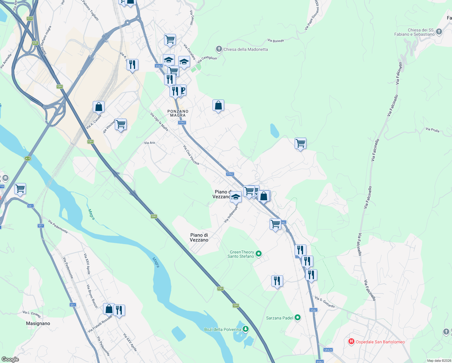 map of restaurants, bars, coffee shops, grocery stores, and more near 110 Via Cisa Vecchia in Santo Stefano di Magra