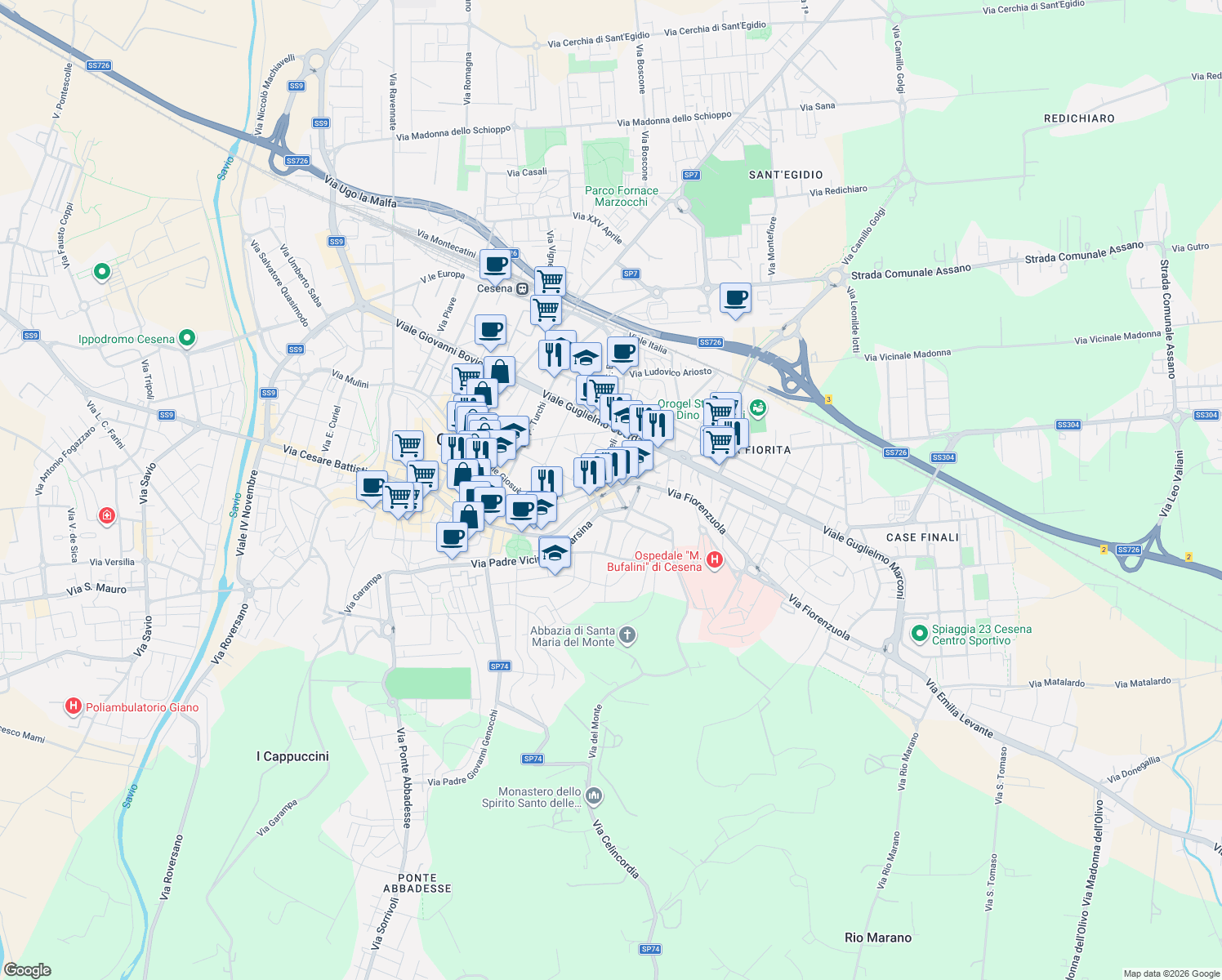 map of restaurants, bars, coffee shops, grocery stores, and more near 16 Subborgo Valzania Eugenio in Cesena