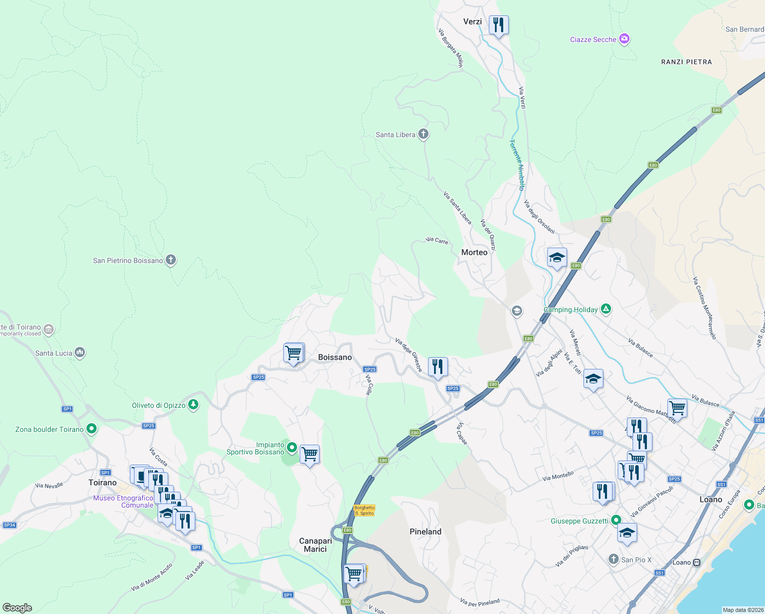 map of restaurants, bars, coffee shops, grocery stores, and more near 13 Via Coste Rosse in Boissano